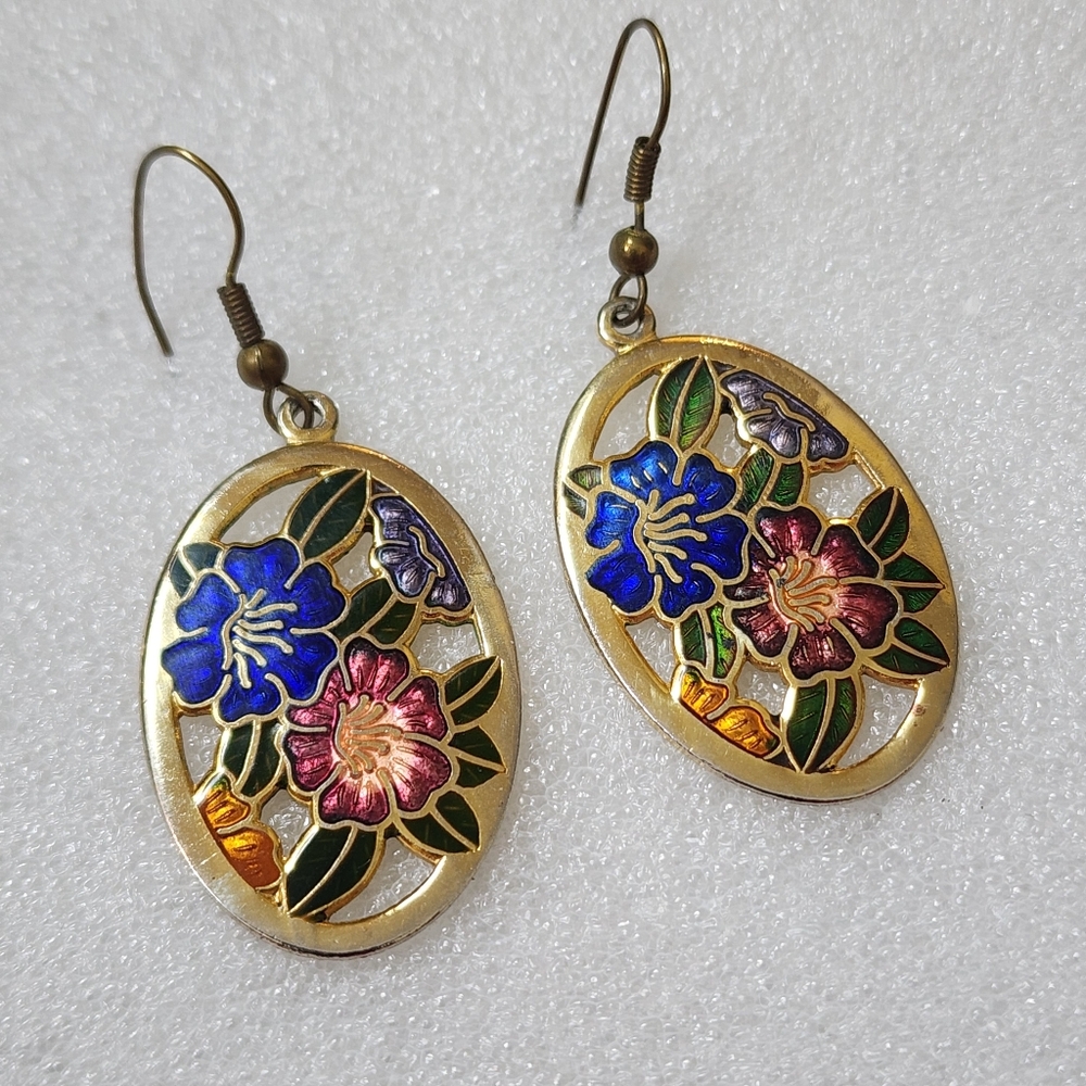 Vintage Cloisonne Enamel Floral Earrings